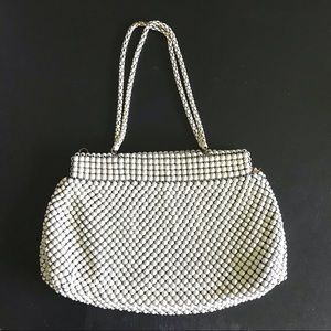 Whiting & Davis Cream Metal Mesh Purse- metal handles, dark handle, vintage